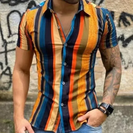 Online OUKU Men's Shirt Summer Shirt Casual Shirt Beach Shirt Button Up Shirt Striped Shirts Blue Orange Short Sleeve Stripes Turndown Vacation Hawaiian Clothing Apparel Polyester Fashion Casual Comfortable