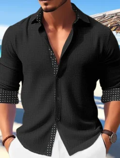 Sale OUKU Men's Shirt Summer Shirt Casual Shirt Beach Shirt Button Up Shirt Polka Dot Vacation Casual Black White Blue Khaki Long Sleeve Turndown Spring & Summer Clothing Apparel