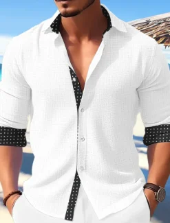 Sale OUKU Men's Shirt Summer Shirt Casual Shirt Beach Shirt Button Up Shirt Polka Dot Vacation Casual Black White Blue Khaki Long Sleeve Turndown Spring & Summer Clothing Apparel