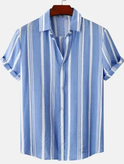 New OUKU Men's Shirt Summer Shirt Casual Shirt Button Up Shirt Striped Shirts Black Blue Red Green Short Sleeve Striped Turndown Vacation Street Clothing Apparel Cotton Cotton Blend Fashion Casual Comfortable