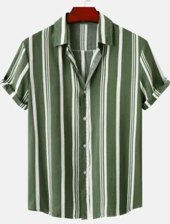 New OUKU Men's Shirt Summer Shirt Casual Shirt Button Up Shirt Striped Shirts Black Blue Red Green Short Sleeve Striped Turndown Vacation Street Clothing Apparel Cotton Cotton Blend Fashion Casual Comfortable