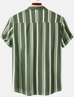 New OUKU Men's Shirt Summer Shirt Casual Shirt Button Up Shirt Striped Shirts Black Blue Red Green Short Sleeve Striped Turndown Vacation Street Clothing Apparel Cotton Cotton Blend Fashion Casual Comfortable