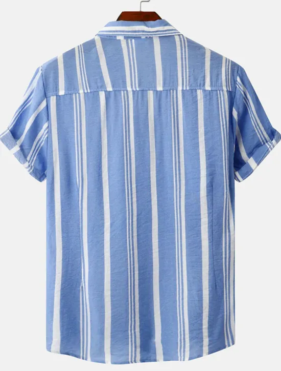 New OUKU Men's Shirt Summer Shirt Casual Shirt Button Up Shirt Striped Shirts Black Blue Red Green Short Sleeve Striped Turndown Vacation Street Clothing Apparel Cotton Cotton Blend Fashion Casual Comfortable