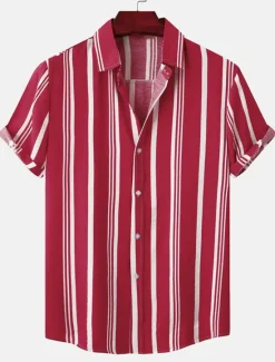 New OUKU Men's Shirt Summer Shirt Casual Shirt Button Up Shirt Striped Shirts Black Blue Red Green Short Sleeve Striped Turndown Vacation Street Clothing Apparel Cotton Cotton Blend Fashion Casual Comfortable