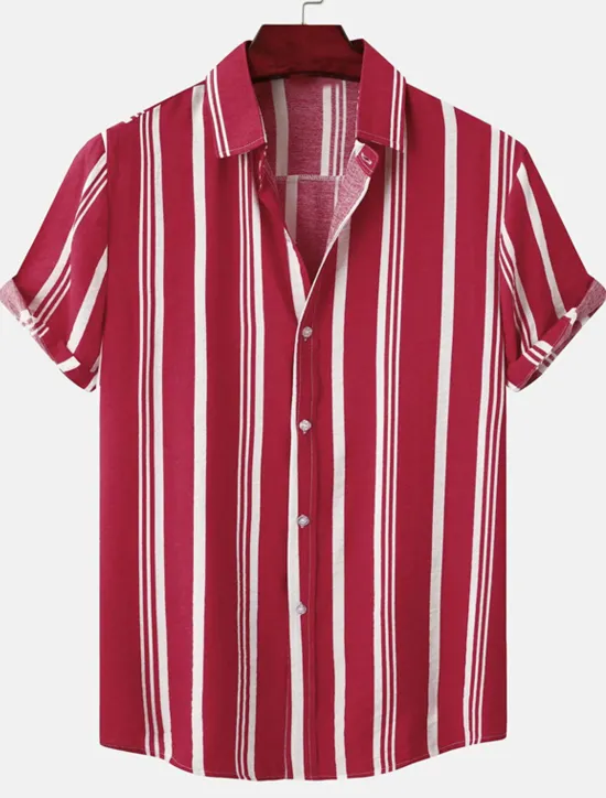 New OUKU Men's Shirt Summer Shirt Casual Shirt Button Up Shirt Striped Shirts Black Blue Red Green Short Sleeve Striped Turndown Vacation Street Clothing Apparel Cotton Cotton Blend Fashion Casual Comfortable