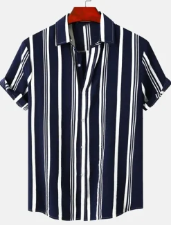 New OUKU Men's Shirt Summer Shirt Casual Shirt Button Up Shirt Striped Shirts Black Blue Red Green Short Sleeve Striped Turndown Vacation Street Clothing Apparel Cotton Cotton Blend Fashion Casual Comfortable