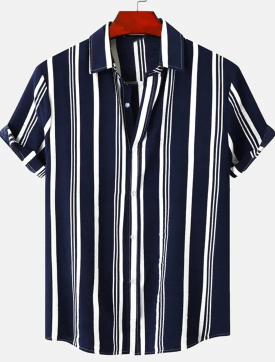 New OUKU Men's Shirt Summer Shirt Casual Shirt Button Up Shirt Striped Shirts Black Blue Red Green Short Sleeve Striped Turndown Vacation Street Clothing Apparel Cotton Cotton Blend Fashion Casual Comfortable