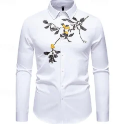 Online OUKU Men's Shirt Summer Shirt Casual Shirt Beach Shirt Button Up Shirt Black White Long Sleeve Floral Lapel Vacation Hawaiian Embroidered Clothing Apparel Polyester Fashion Casual Comfortable