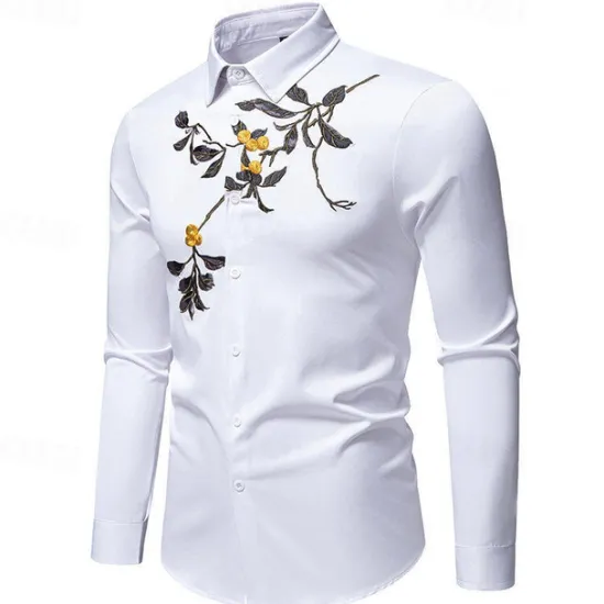 Online OUKU Men's Shirt Summer Shirt Casual Shirt Beach Shirt Button Up Shirt Black White Long Sleeve Floral Lapel Vacation Hawaiian Embroidered Clothing Apparel Polyester Fashion Casual Comfortable