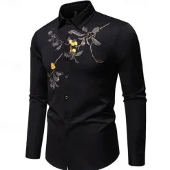 Online OUKU Men's Shirt Summer Shirt Casual Shirt Beach Shirt Button Up Shirt Black White Long Sleeve Floral Lapel Vacation Hawaiian Embroidered Clothing Apparel Polyester Fashion Casual Comfortable