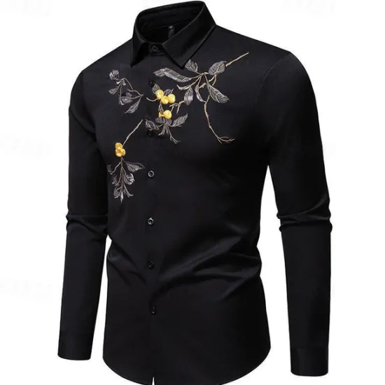 Online OUKU Men's Shirt Summer Shirt Casual Shirt Beach Shirt Button Up Shirt Black White Long Sleeve Floral Lapel Vacation Hawaiian Embroidered Clothing Apparel Polyester Fashion Casual Comfortable