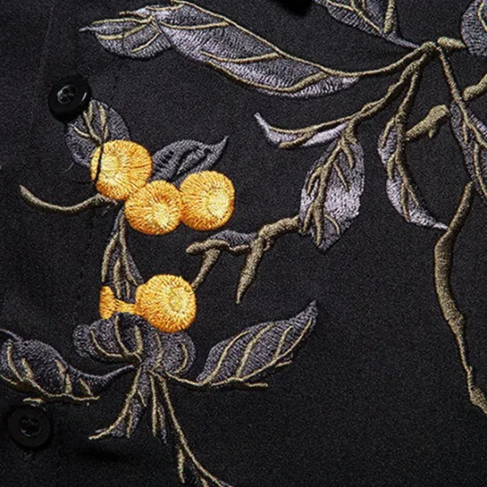 Online OUKU Men's Shirt Summer Shirt Casual Shirt Beach Shirt Button Up Shirt Black White Long Sleeve Floral Lapel Vacation Hawaiian Embroidered Clothing Apparel Polyester Fashion Casual Comfortable