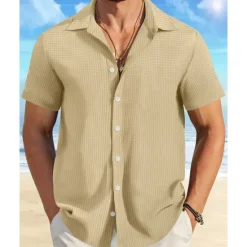 Sale OUKU Men's Shirt Summer Shirt Casual Shirt Beach Shirt Button Up Shirt Waffle Knit Shirt Black White Pink Blue Orange Short Sleeve Plain Lapel Vacation Hawaiian Clothing Apparel Polyester Fashion Casual