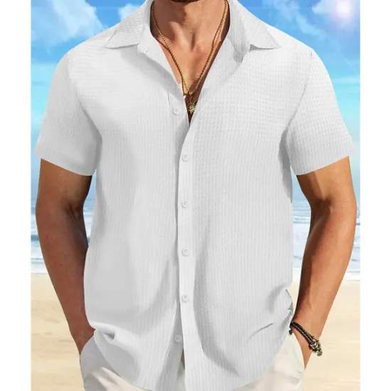 Sale OUKU Men's Shirt Summer Shirt Casual Shirt Beach Shirt Button Up Shirt Waffle Knit Shirt Black White Pink Blue Orange Short Sleeve Plain Lapel Vacation Hawaiian Clothing Apparel Polyester Fashion Casual