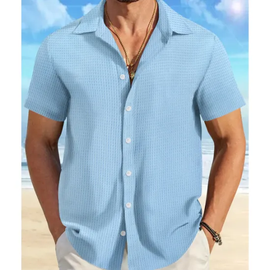 Sale OUKU Men's Shirt Summer Shirt Casual Shirt Beach Shirt Button Up Shirt Waffle Knit Shirt Black White Pink Blue Orange Short Sleeve Plain Lapel Vacation Hawaiian Clothing Apparel Polyester Fashion Casual