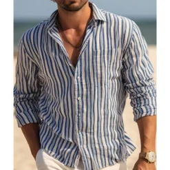 Discount OUKU Men's Shirt Summer Shirt Casual Shirt Beach Shirt Button Up Shirt Striped Shirts Blue khaki Long Sleeve Stripes Turndown Vacation Hawaiian Clothing Apparel Polyester Fashion Casual Comfortable