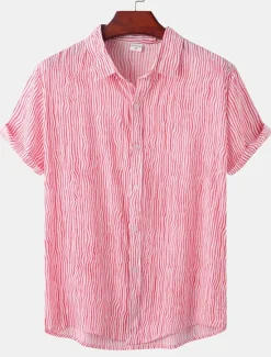 Discount OUKU Men's Shirt Summer Shirt Casual Shirt Button Up Shirt Striped Shirts Black White Yellow Pink Blue Short Sleeve Striped Turndown Vacation Street Clothing Apparel Cotton Stylish Classic Casual