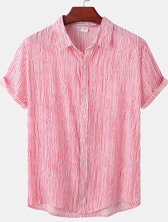Discount OUKU Men's Shirt Summer Shirt Casual Shirt Button Up Shirt Striped Shirts Black White Yellow Pink Blue Short Sleeve Striped Turndown Vacation Street Clothing Apparel Cotton Stylish Classic Casual