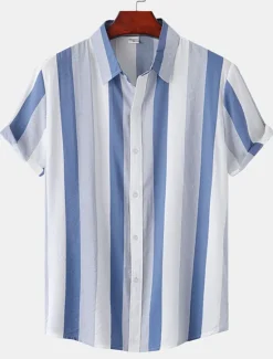 Discount OUKU Men's Shirt Summer Shirt Casual Shirt Button Up Shirt Striped Shirts Black White Yellow Pink Blue Short Sleeve Striped Turndown Vacation Street Clothing Apparel Cotton Stylish Classic Casual