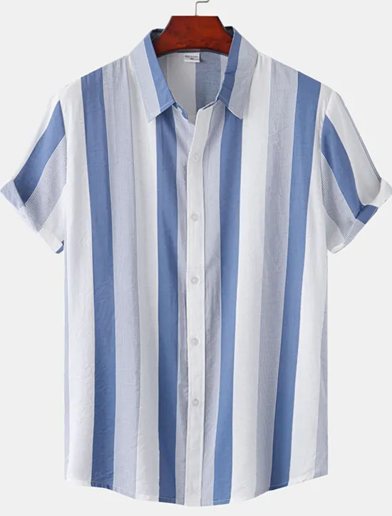 Discount OUKU Men's Shirt Summer Shirt Casual Shirt Button Up Shirt Striped Shirts Black White Yellow Pink Blue Short Sleeve Striped Turndown Vacation Street Clothing Apparel Cotton Stylish Classic Casual