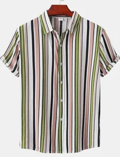 Discount OUKU Men's Shirt Summer Shirt Casual Shirt Button Up Shirt Striped Shirts Black White Yellow Pink Blue Short Sleeve Striped Turndown Vacation Street Clothing Apparel Cotton Stylish Classic Casual