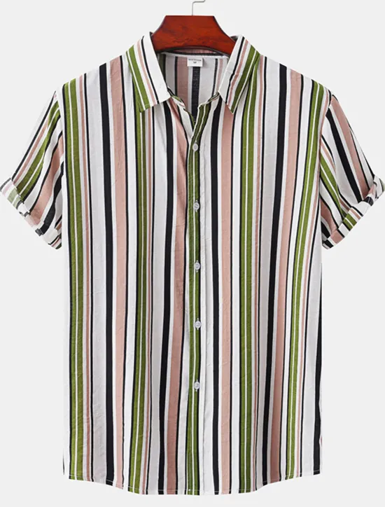 Discount OUKU Men's Shirt Summer Shirt Casual Shirt Button Up Shirt Striped Shirts Black White Yellow Pink Blue Short Sleeve Striped Turndown Vacation Street Clothing Apparel Cotton Stylish Classic Casual