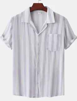 Discount OUKU Men's Shirt Summer Shirt Casual Shirt Button Up Shirt Striped Shirts Black White Yellow Pink Blue Short Sleeve Striped Turndown Vacation Street Clothing Apparel Cotton Stylish Classic Casual