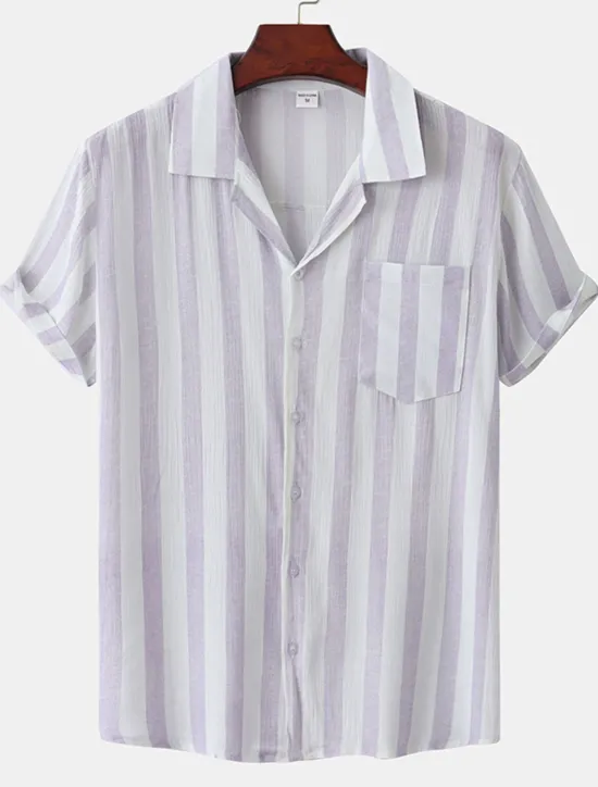 Discount OUKU Men's Shirt Summer Shirt Casual Shirt Button Up Shirt Striped Shirts Black White Yellow Pink Blue Short Sleeve Striped Turndown Vacation Street Clothing Apparel Cotton Stylish Classic Casual
