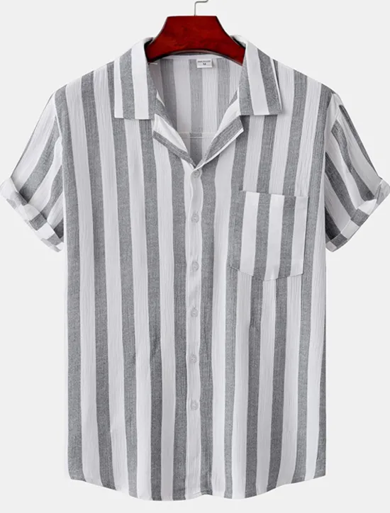 Discount OUKU Men's Shirt Summer Shirt Casual Shirt Button Up Shirt Striped Shirts Black White Yellow Pink Blue Short Sleeve Striped Turndown Vacation Street Clothing Apparel Cotton Stylish Classic Casual