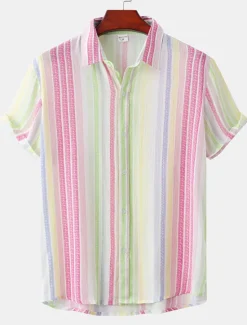 Discount OUKU Men's Shirt Summer Shirt Casual Shirt Button Up Shirt Striped Shirts Black White Yellow Pink Blue Short Sleeve Striped Turndown Vacation Street Clothing Apparel Cotton Stylish Classic Casual