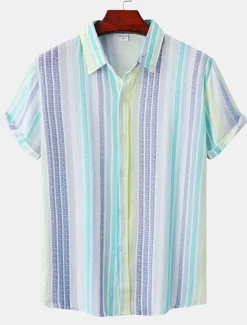 Discount OUKU Men's Shirt Summer Shirt Casual Shirt Button Up Shirt Striped Shirts Black White Yellow Pink Blue Short Sleeve Striped Turndown Vacation Street Clothing Apparel Cotton Stylish Classic Casual