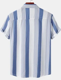 Discount OUKU Men's Shirt Summer Shirt Casual Shirt Button Up Shirt Striped Shirts Black White Yellow Pink Blue Short Sleeve Striped Turndown Vacation Street Clothing Apparel Cotton Stylish Classic Casual