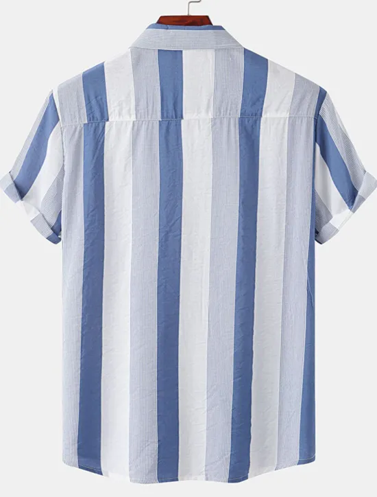 Discount OUKU Men's Shirt Summer Shirt Casual Shirt Button Up Shirt Striped Shirts Black White Yellow Pink Blue Short Sleeve Striped Turndown Vacation Street Clothing Apparel Cotton Stylish Classic Casual