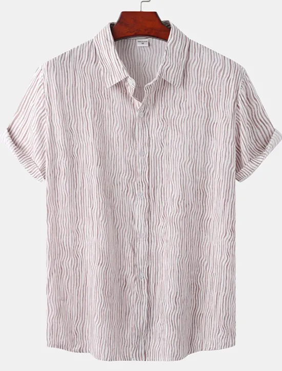 Discount OUKU Men's Shirt Summer Shirt Casual Shirt Button Up Shirt Striped Shirts Black White Yellow Pink Blue Short Sleeve Striped Turndown Vacation Street Clothing Apparel Cotton Stylish Classic Casual
