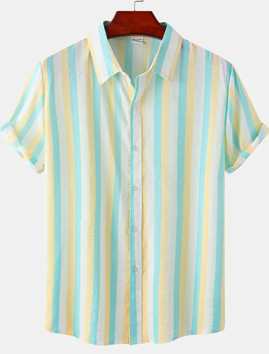 Discount OUKU Men's Shirt Summer Shirt Casual Shirt Button Up Shirt Striped Shirts Black White Yellow Pink Blue Short Sleeve Striped Turndown Vacation Street Clothing Apparel Cotton Stylish Classic Casual