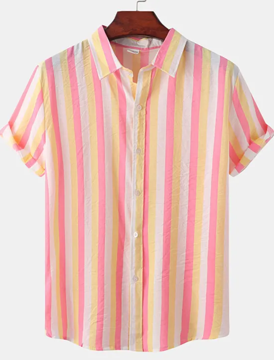 Discount OUKU Men's Shirt Summer Shirt Casual Shirt Button Up Shirt Striped Shirts Black White Yellow Pink Blue Short Sleeve Striped Turndown Vacation Street Clothing Apparel Cotton Stylish Classic Casual