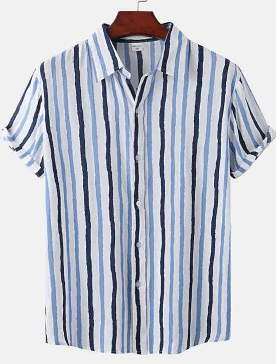 Discount OUKU Men's Shirt Summer Shirt Casual Shirt Button Up Shirt Striped Shirts Black White Yellow Pink Blue Short Sleeve Striped Turndown Vacation Street Clothing Apparel Cotton Stylish Classic Casual