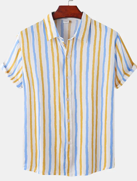 Discount OUKU Men's Shirt Summer Shirt Casual Shirt Button Up Shirt Striped Shirts Black White Yellow Pink Blue Short Sleeve Striped Turndown Vacation Street Clothing Apparel Cotton Stylish Classic Casual