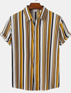 Discount OUKU Men's Shirt Summer Shirt Casual Shirt Button Up Shirt Striped Shirts Black White Yellow Pink Blue Short Sleeve Striped Turndown Vacation Street Clothing Apparel Cotton Stylish Classic Casual