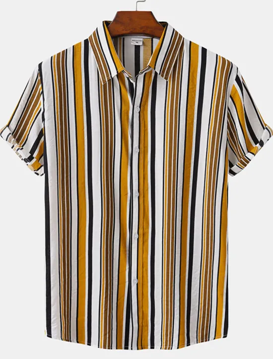 Discount OUKU Men's Shirt Summer Shirt Casual Shirt Button Up Shirt Striped Shirts Black White Yellow Pink Blue Short Sleeve Striped Turndown Vacation Street Clothing Apparel Cotton Stylish Classic Casual