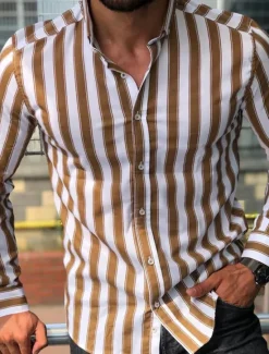 Clearance OUKU Men's Shirt Summer Shirt Casual Shirt Button Up Shirt Striped Shirts White Yellow Long Sleeve Striped Turndown Vacation Street Clothing Apparel Cotton Cotton Blend Fashion Leisure Comfortable