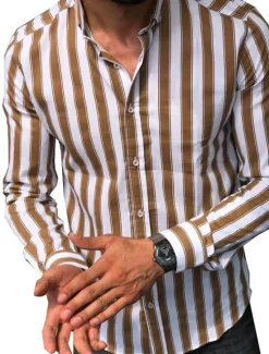 Clearance OUKU Men's Shirt Summer Shirt Casual Shirt Button Up Shirt Striped Shirts White Yellow Long Sleeve Striped Turndown Vacation Street Clothing Apparel Cotton Cotton Blend Fashion Leisure Comfortable