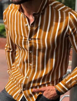 Clearance OUKU Men's Shirt Summer Shirt Casual Shirt Button Up Shirt Striped Shirts White Yellow Long Sleeve Striped Turndown Vacation Street Clothing Apparel Cotton Cotton Blend Fashion Leisure Comfortable