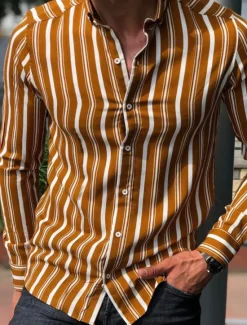 Clearance OUKU Men's Shirt Summer Shirt Casual Shirt Button Up Shirt Striped Shirts White Yellow Long Sleeve Striped Turndown Vacation Street Clothing Apparel Cotton Cotton Blend Fashion Leisure Comfortable