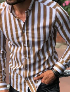 Clearance OUKU Men's Shirt Summer Shirt Casual Shirt Button Up Shirt Striped Shirts White Yellow Long Sleeve Striped Turndown Vacation Street Clothing Apparel Cotton Cotton Blend Fashion Leisure Comfortable