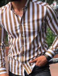 Clearance OUKU Men's Shirt Summer Shirt Casual Shirt Button Up Shirt Striped Shirts White Yellow Long Sleeve Striped Turndown Vacation Street Clothing Apparel Cotton Cotton Blend Fashion Leisure Comfortable