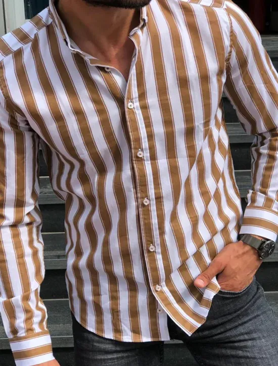Clearance OUKU Men's Shirt Summer Shirt Casual Shirt Button Up Shirt Striped Shirts White Yellow Long Sleeve Striped Turndown Vacation Street Clothing Apparel Cotton Cotton Blend Fashion Leisure Comfortable
