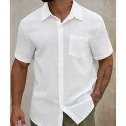 Sale OUKU Men's Shirt Summer Shirt Casual Shirt Beach Shirt Button Up Shirt Short Sleeve Plain Lapel Vacation Hawaiian Clothing Apparel Polyester Fashion Casual Comfortable White
