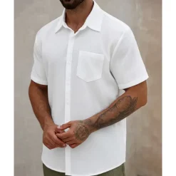 Sale OUKU Men's Shirt Summer Shirt Casual Shirt Beach Shirt Button Up Shirt Short Sleeve Plain Lapel Vacation Hawaiian Clothing Apparel Polyester Fashion Casual Comfortable White