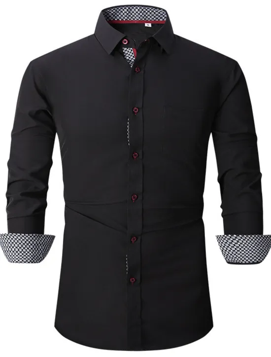 Discount OUKU Men's Shirt Summer Shirt Casual Shirt Button Up Shirt Black White Pink Wine Red Long Sleeve Geometric Color Block Lapel Vacation Daily Patchwork Clothing Apparel Polyester Fashion Casual Comfortable